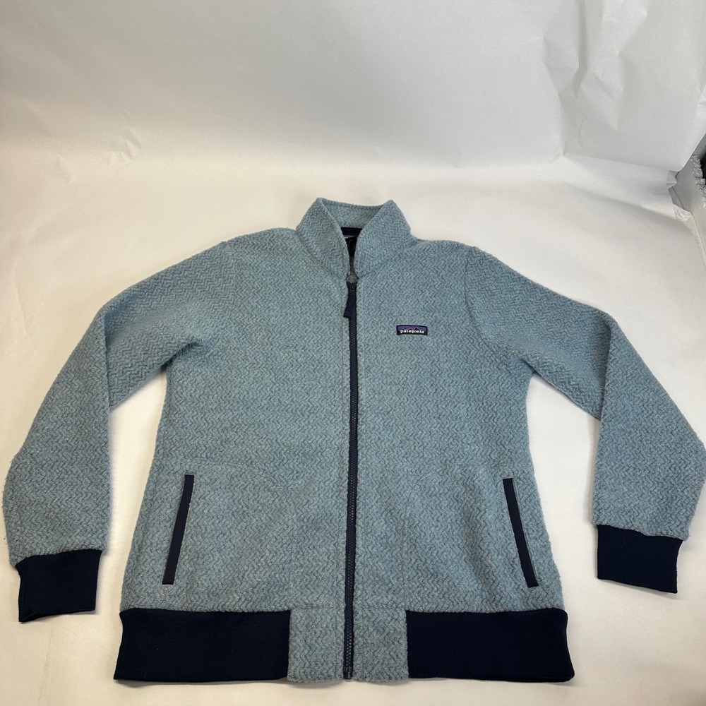 Patagonia Womens Large Blue Chevron Textured‎ Full Zip Fleece Jacket Mock Neck